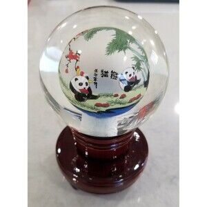 Chinese Reverse painted panda scene paperweight with wood base vintage rare